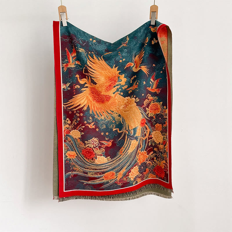 Buddha Stones Winter Phoenix Flowers Birds Pattern Tassels Thermal Soft Scarf Shawl - image 1