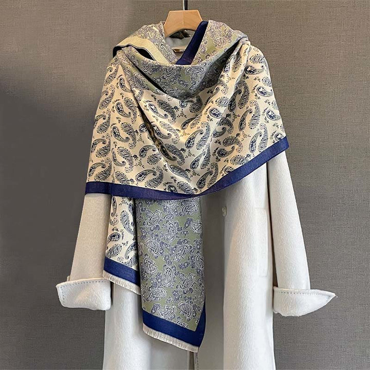 Buddha Stones Thermal Ethnic Paisley Color Contrast Patchwork Pattern Soft Scarf Shawl - DarkSeaGreen - 190*65cm - image 0
