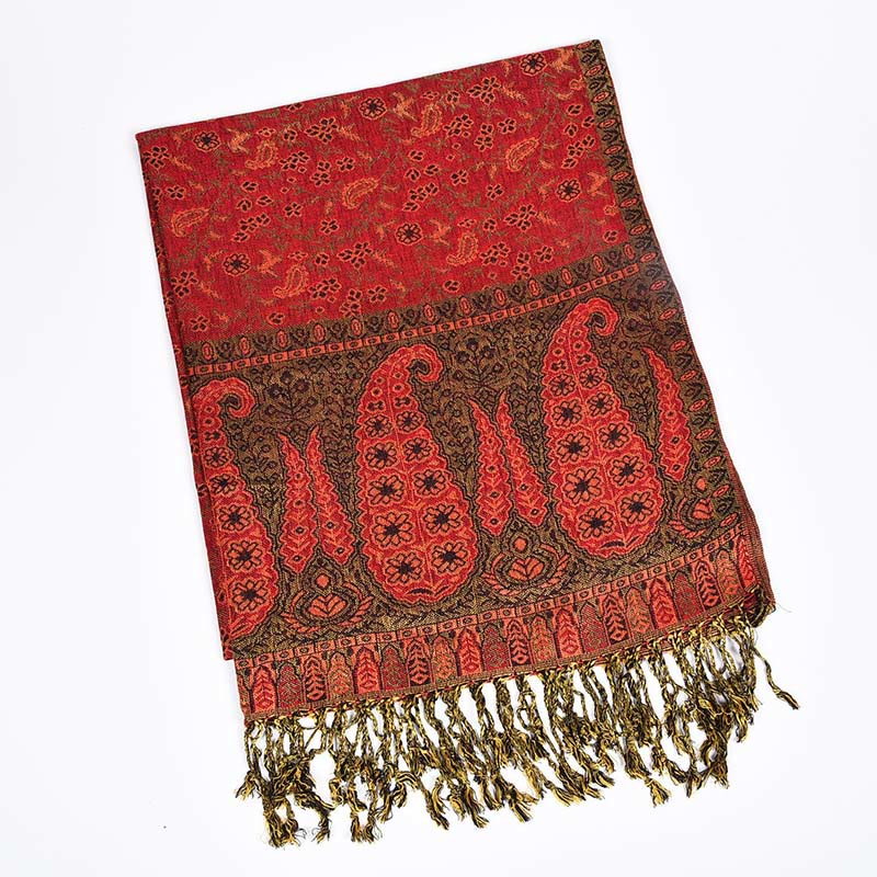 Buddha Stones Jacquard Color Contrast Patchwork Paisley Pattern Tassel Cozy Scarf Shawl - Red - image 6