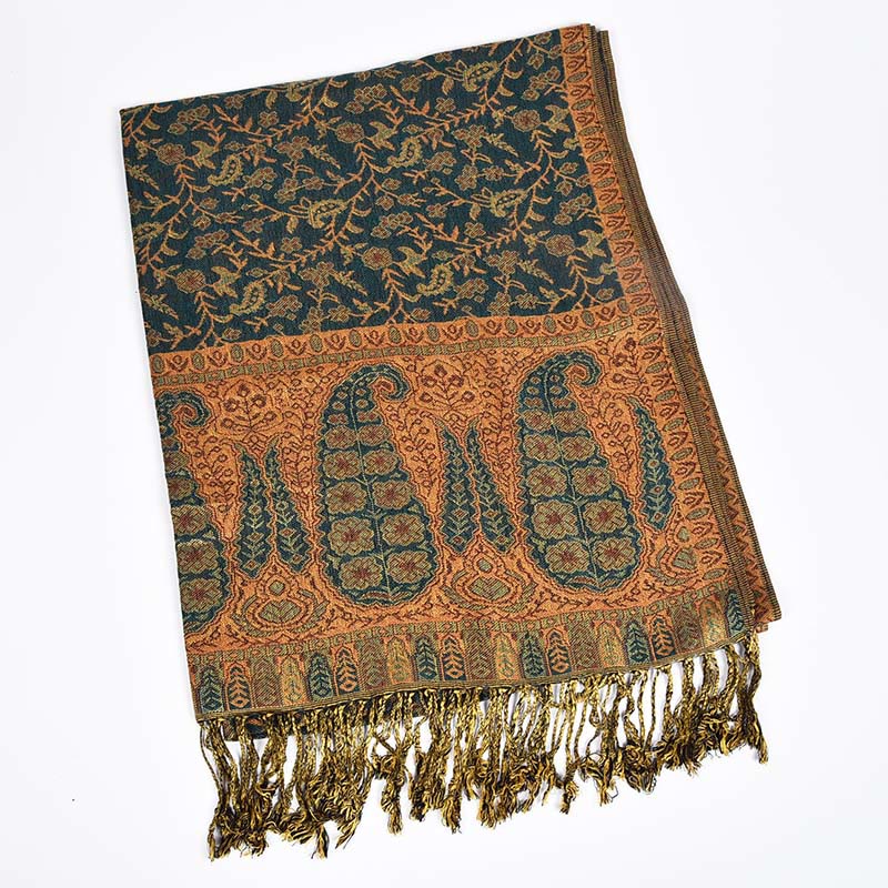 Buddha Stones Jacquard Color Contrast Patchwork Paisley Pattern Tassel Cozy Scarf Shawl - DarkSlateGray - image 4