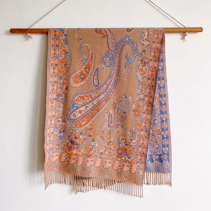 Buddha Stones Winter Commute Thermal Paisley Floral Pattern Tassel Cozy Scarf Shawl - SandyBrown - 200*65cm - image 12