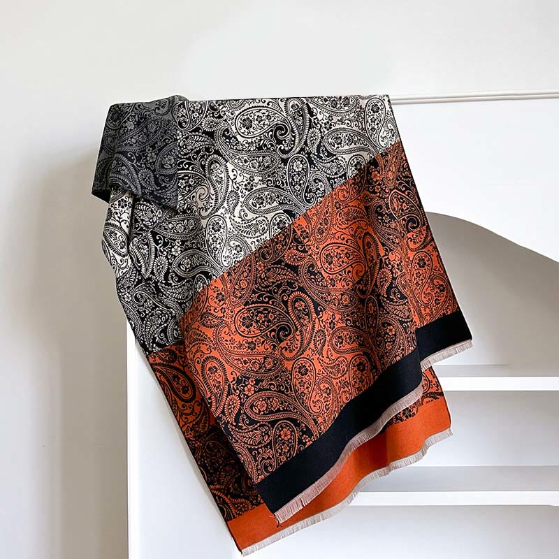 Buddha Stones Winter Thermal Color Matching Paisley Vines Pattern Tassel Cozy Scarf Shawl - DarkOrange - 185*65cm - image 2