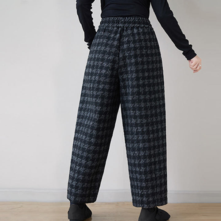 Buddha Stones Women's Winter Black Gray Plaid Pattern Cotton Fleece-Lined Pants With Pockets - image 3