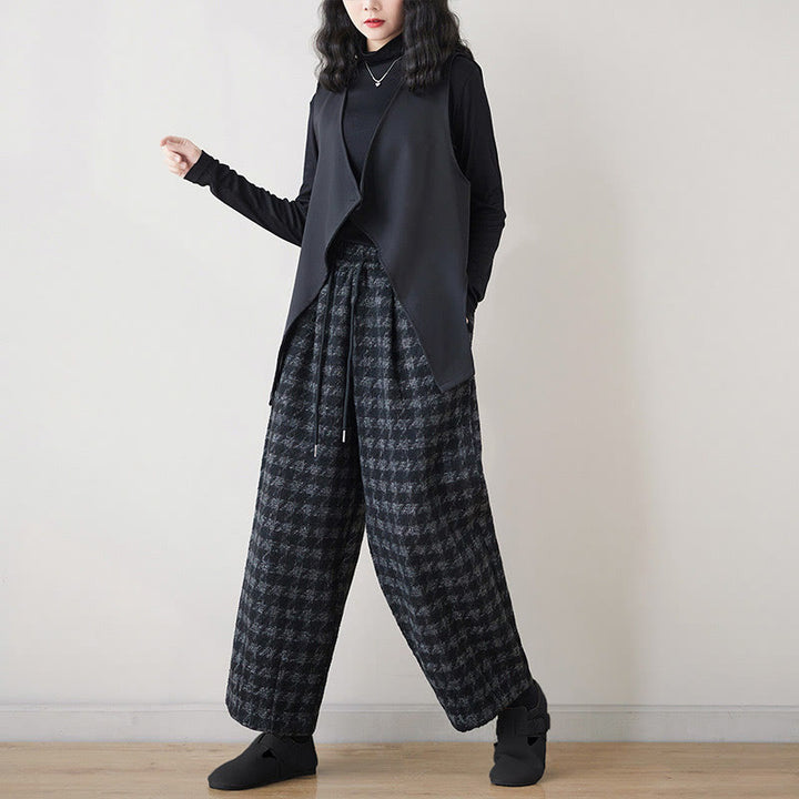Buddha Stones Women's Winter Black Gray Plaid Pattern Cotton Fleece-Lined Pants With Pockets - image 4