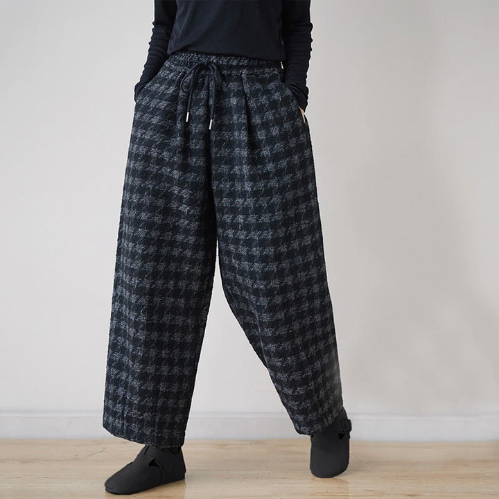 Buddha Stones Women's Winter Black Gray Plaid Pattern Cotton Fleece-Lined Pants With Pockets - Black - US8-10，UK/AU12-14，EU40-42 (2XL) - image 0