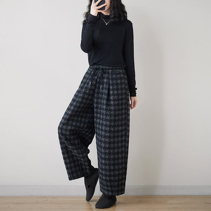 Buddha Stones Women's Winter Black Gray Plaid Pattern Cotton Fleece-Lined Pants With Pockets - image 5