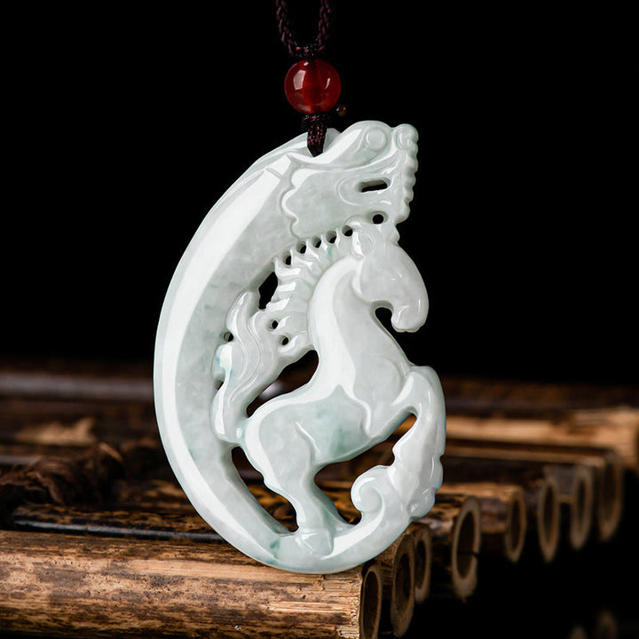 Buddha Stones Year of the Horse Dragon Jade Prosperity Rope Necklace Pendant - image 1