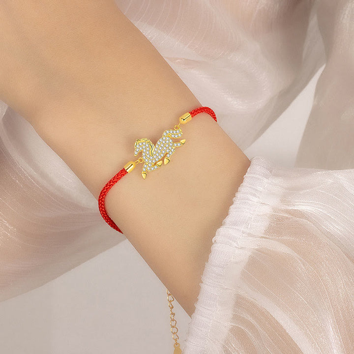 Buddha Stones 925 Sterling Silver Plated 18k Gold Red String Year Of The Horse Strength Bracelet - image 5