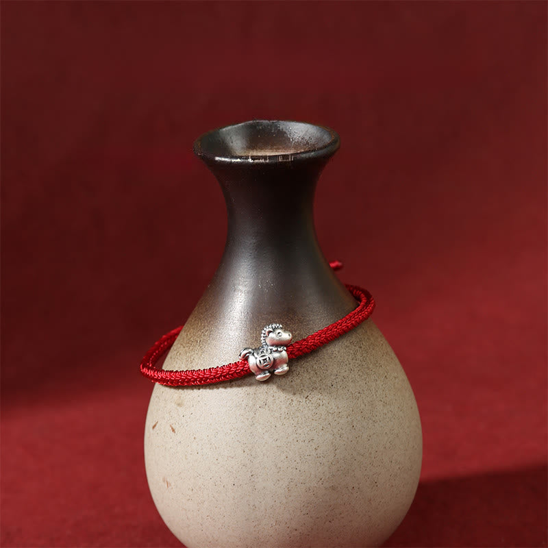 Buddha Stones Year of the Horse 999 Sterling Silver Red String Copper Coins Braided Luck Bracelet - image 2