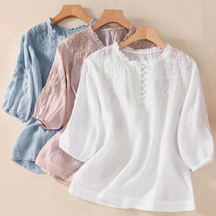 Buddha Stones Casual Plain Button Floral Embroidered Design Puff Half Sleeve Women's Shirt - image 19