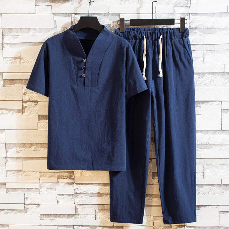 Buddha Stones 2Pcs Solid Color Cotton Button Short Sleeve T-shirt Pants Men's Set - SteelBlue - US/UK/AU46，EU56 (5XL) - image 12