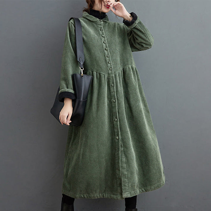 Buddha Stones Plain Buttons Long Sleeve Women's Cotton Corduroy Fleece-Lined Coat With Pockets - image 15