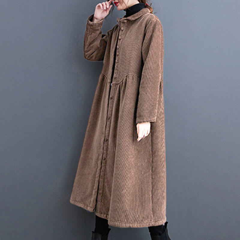 Buddha Stones Plain Buttons Long Sleeve Women's Cotton Corduroy Fleece-Lined Coat With Pockets - image 25