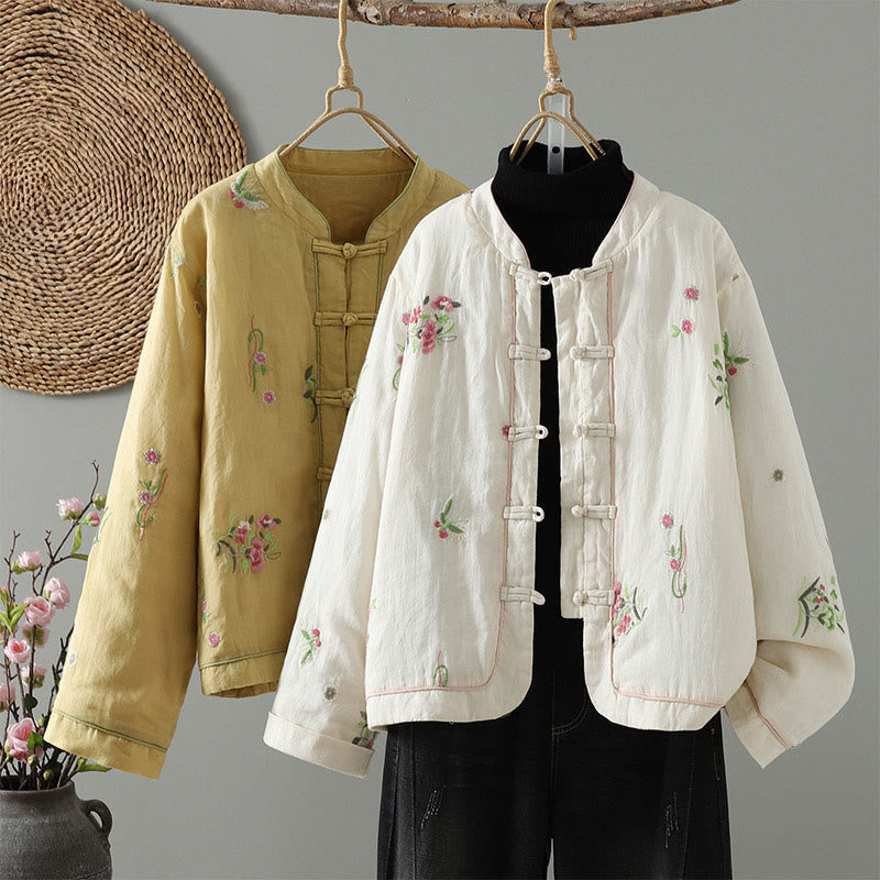 Buddha Stones Flower Embroidery Women's Long Sleeve Cotton-padded Jacket With Pockets - image 0