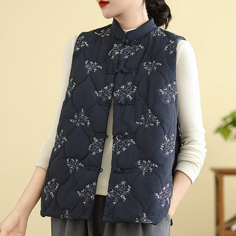 Buddha Stones Embroidered Frog-Button Women's Sleeveless Cotton Vest Waistcoat With Pockets - image 3