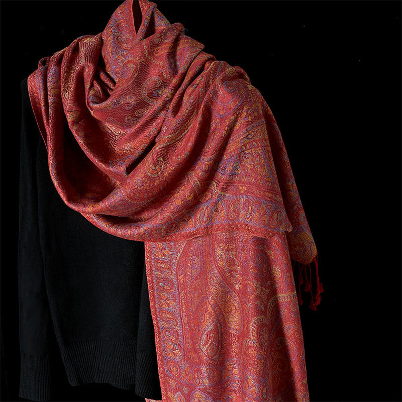 Buddha Stones Spring Cashew Flower Stripes Pattern Tassel Cozy Scarf Shawl - IndianRed - 178*70cm - image 0