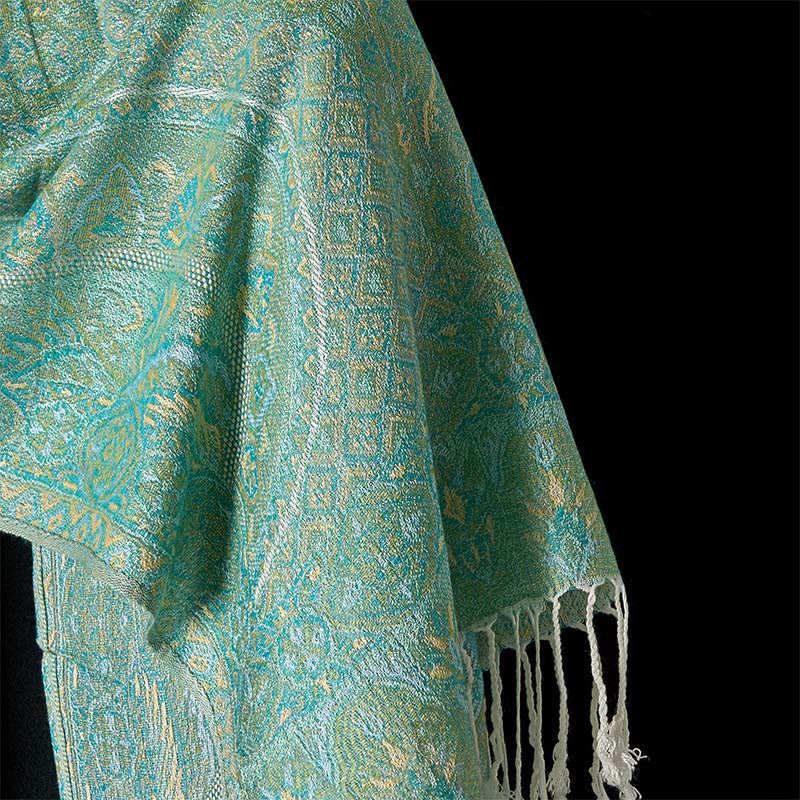 Buddha Stones Spring Green Cashew Flower Geometric Jacquard Pattern Tassel Cozy Scarf Shawl - image 4