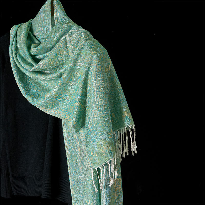 Buddha Stones Spring Green Cashew Flower Geometric Jacquard Pattern Tassel Cozy Scarf Shawl - LightGreen - 184*71cm - image 0