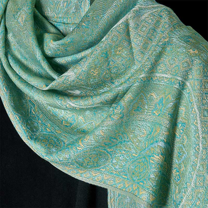 Buddha Stones Spring Green Cashew Flower Geometric Jacquard Pattern Tassel Cozy Scarf Shawl - image 3