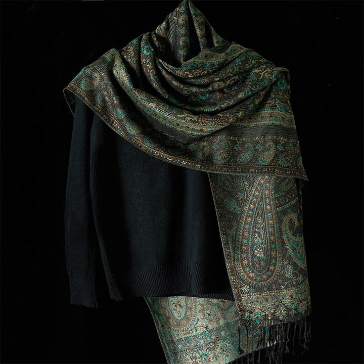 Buddha Stones Spring Green Cashew Flower Geometric Stripes Pattern Tassel Cozy Scarf Shawl - image 1