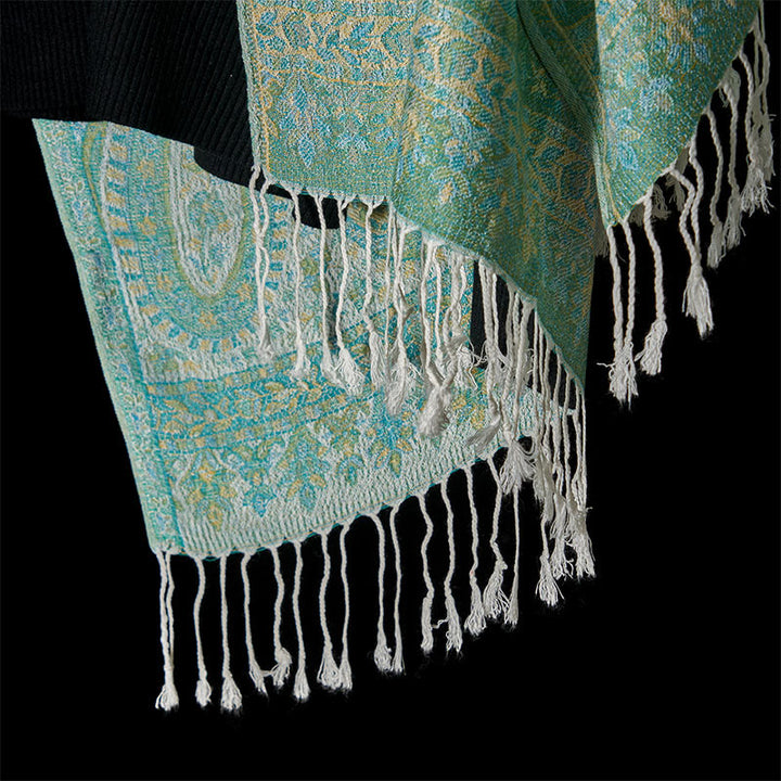 Buddha Stones Spring Green Cashew Flower Geometric Stripes Pattern Tassel Cozy Scarf Shawl - image 12