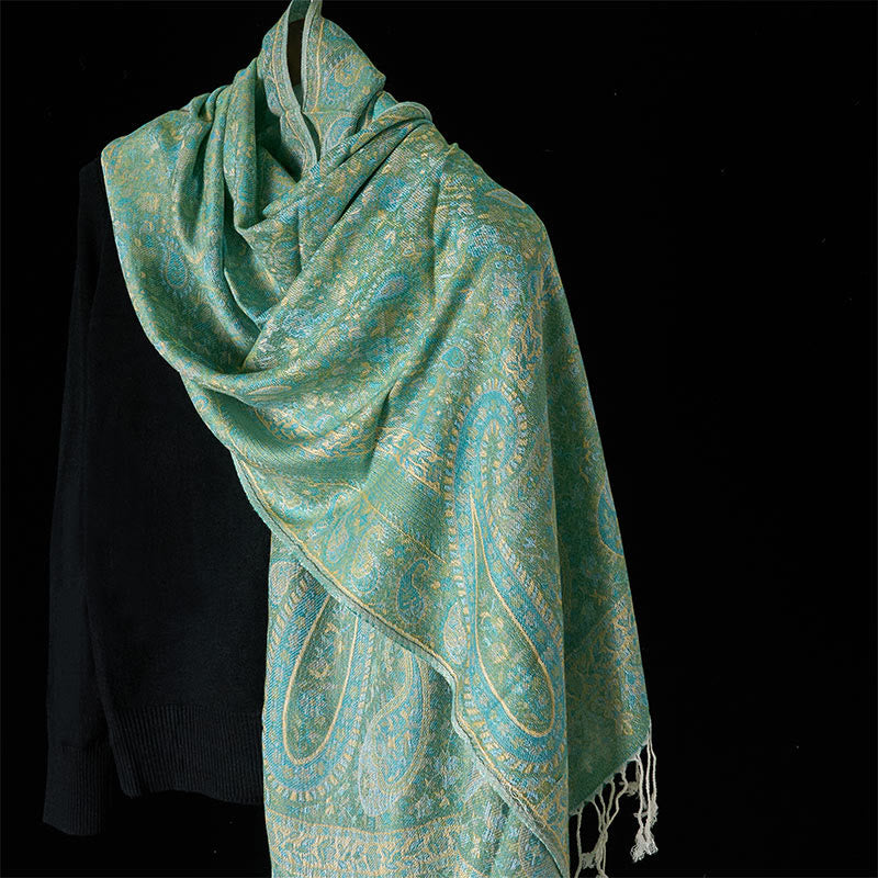 Buddha Stones Spring Green Cashew Flower Geometric Stripes Pattern Tassel Cozy Scarf Shawl - LightGreen - 170*70cm - image 6