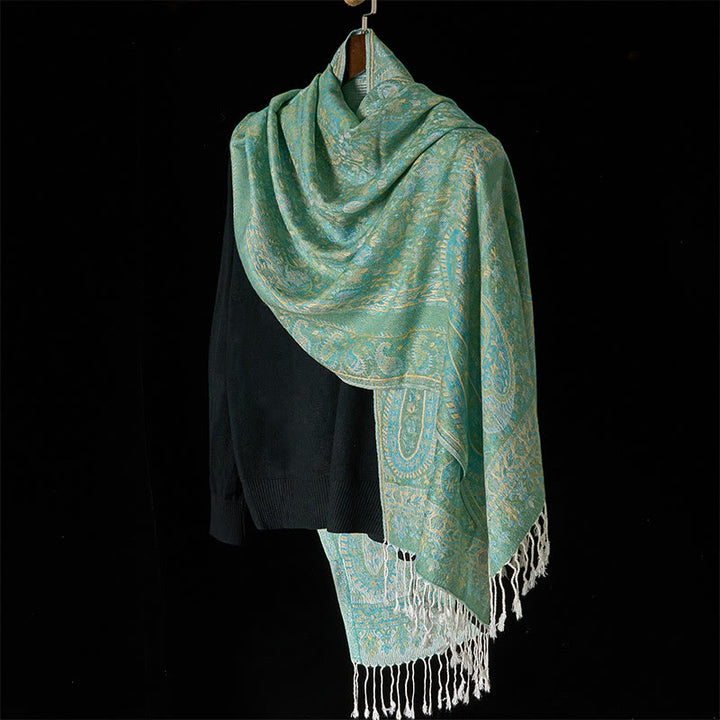 Buddha Stones Spring Green Cashew Flower Geometric Stripes Pattern Tassel Cozy Scarf Shawl - image 8
