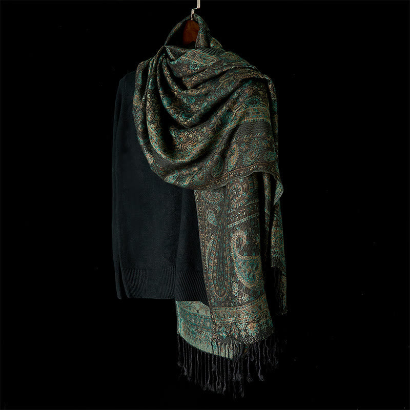 Buddha Stones Spring Green Cashew Flower Geometric Stripes Pattern Tassel Cozy Scarf Shawl - image 2