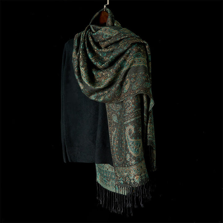 Buddha Stones Spring Green Cashew Flower Geometric Stripes Pattern Tassel Cozy Scarf Shawl - image 2
