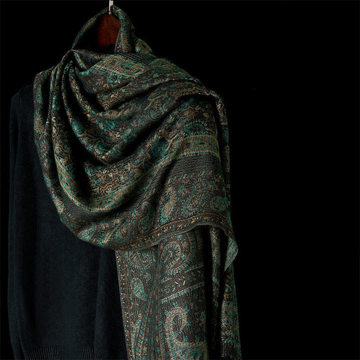 Buddha Stones Spring Green Cashew Flower Geometric Stripes Pattern Tassel Cozy Scarf Shawl - Teal - 170*70cm - image 0
