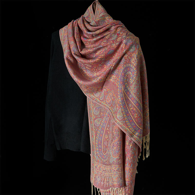 Buddha Stones Spring Red Pink Cashew Flower Geometric Stripes Pattern Tassel Cozy Scarf Shawl - image 7