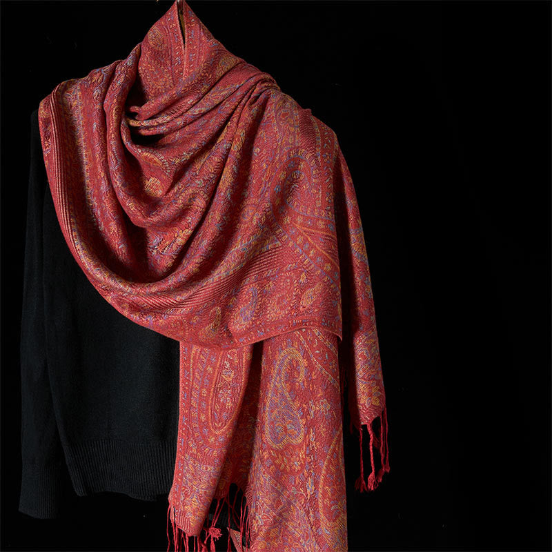 Buddha Stones Spring Red Pink Cashew Flower Geometric Stripes Pattern Tassel Cozy Scarf Shawl - Tomato - 170*70cm - image 0