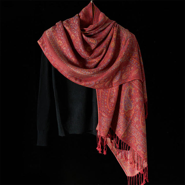 Buddha Stones Spring Red Pink Cashew Flower Geometric Stripes Pattern Tassel Cozy Scarf Shawl - image 1