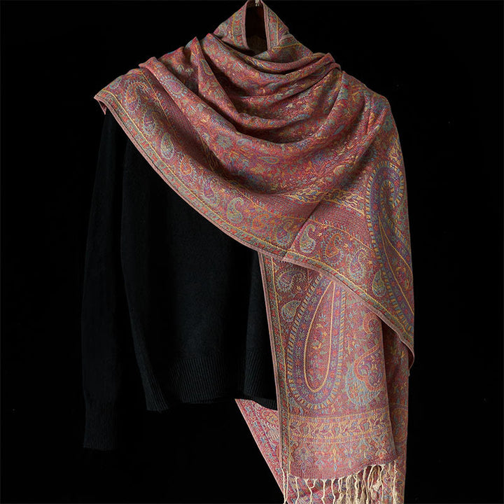 Buddha Stones Spring Red Pink Cashew Flower Geometric Stripes Pattern Tassel Cozy Scarf Shawl - image 6