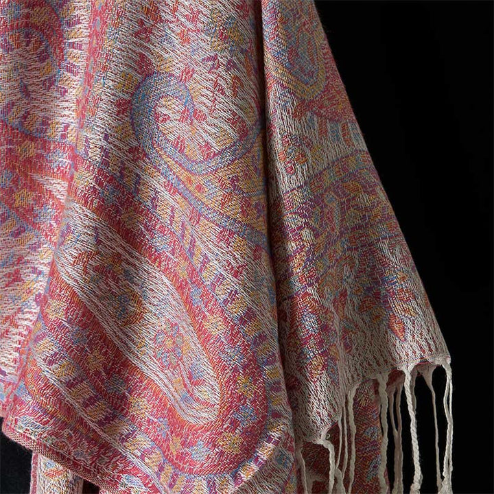 Buddha Stones Spring Light Pink Beige Cashew Flower Geometric Stripes Pattern Tassel Cozy Scarf Shawl - image 4