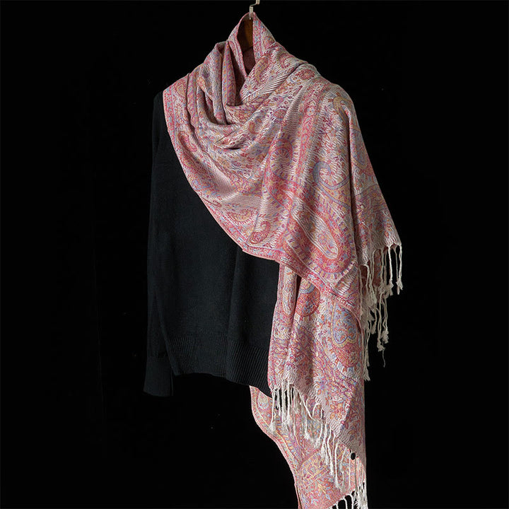 Buddha Stones Spring Light Pink Beige Cashew Flower Geometric Stripes Pattern Tassel Cozy Scarf Shawl - image 2