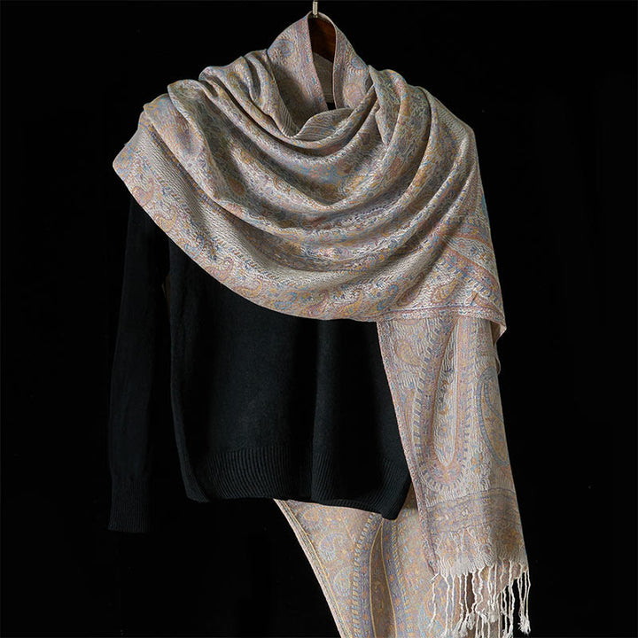 Buddha Stones Spring Light Pink Beige Cashew Flower Geometric Stripes Pattern Tassel Cozy Scarf Shawl - image 7