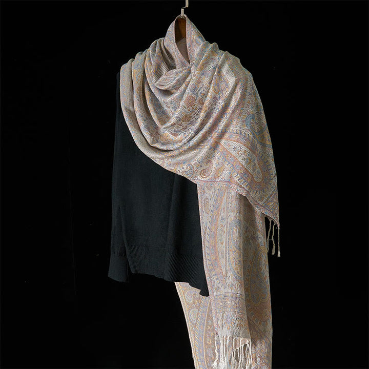 Buddha Stones Spring Light Pink Beige Cashew Flower Geometric Stripes Pattern Tassel Cozy Scarf Shawl - image 8