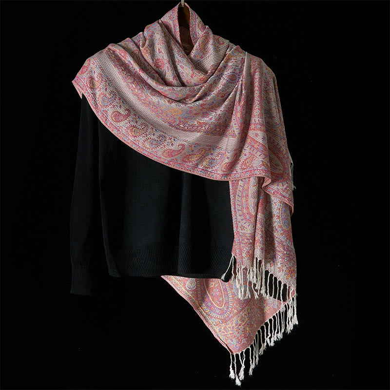 Buddha Stones Spring Light Pink Beige Cashew Flower Geometric Stripes Pattern Tassel Cozy Scarf Shawl - image 1