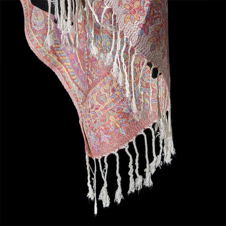 Buddha Stones Spring Light Pink Beige Cashew Flower Geometric Stripes Pattern Tassel Cozy Scarf Shawl - image 5