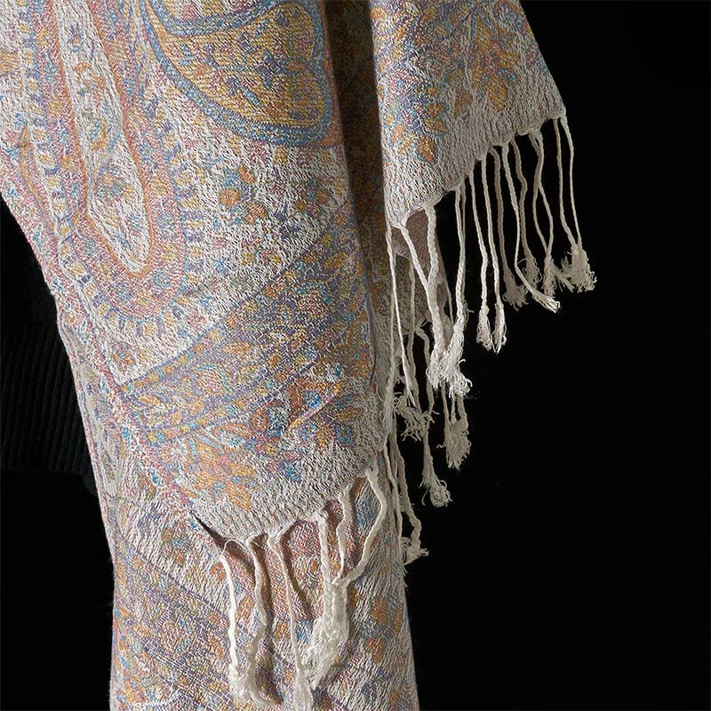 Buddha Stones Spring Light Pink Beige Cashew Flower Geometric Stripes Pattern Tassel Cozy Scarf Shawl - image 11