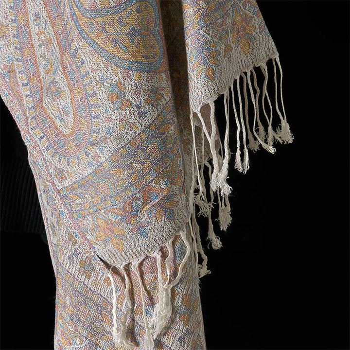 Buddha Stones Spring Light Pink Beige Cashew Flower Geometric Stripes Pattern Tassel Cozy Scarf Shawl - image 11