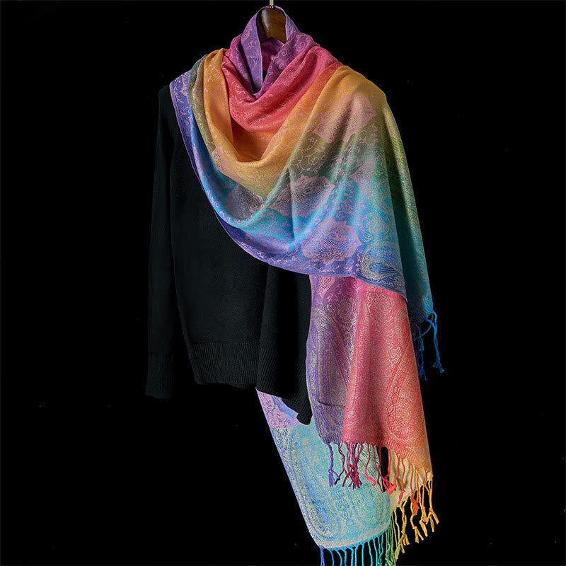 Buddha Stones Spring Colorful Gradient Cashew Flower Pattern Tassel Cozy Scarf Shawl - image 1