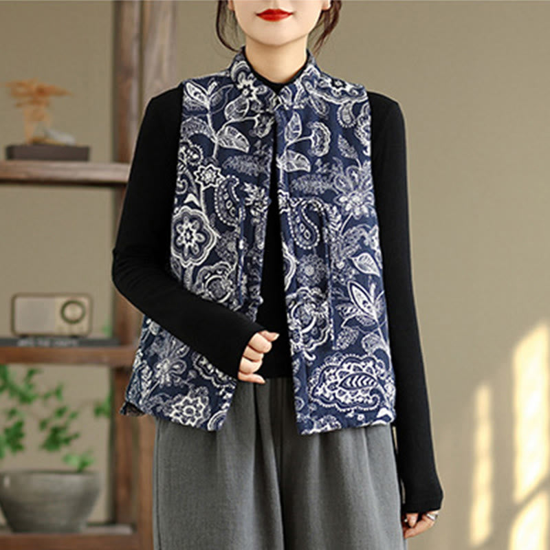 Buddha Stones Plant Pattern Frog-button Women's Sleeveless Cotton Vest Waistcoat With Pockets - image 1