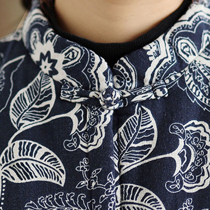 Buddha Stones Plant Pattern Frog-button Women's Sleeveless Cotton Vest Waistcoat With Pockets - image 6