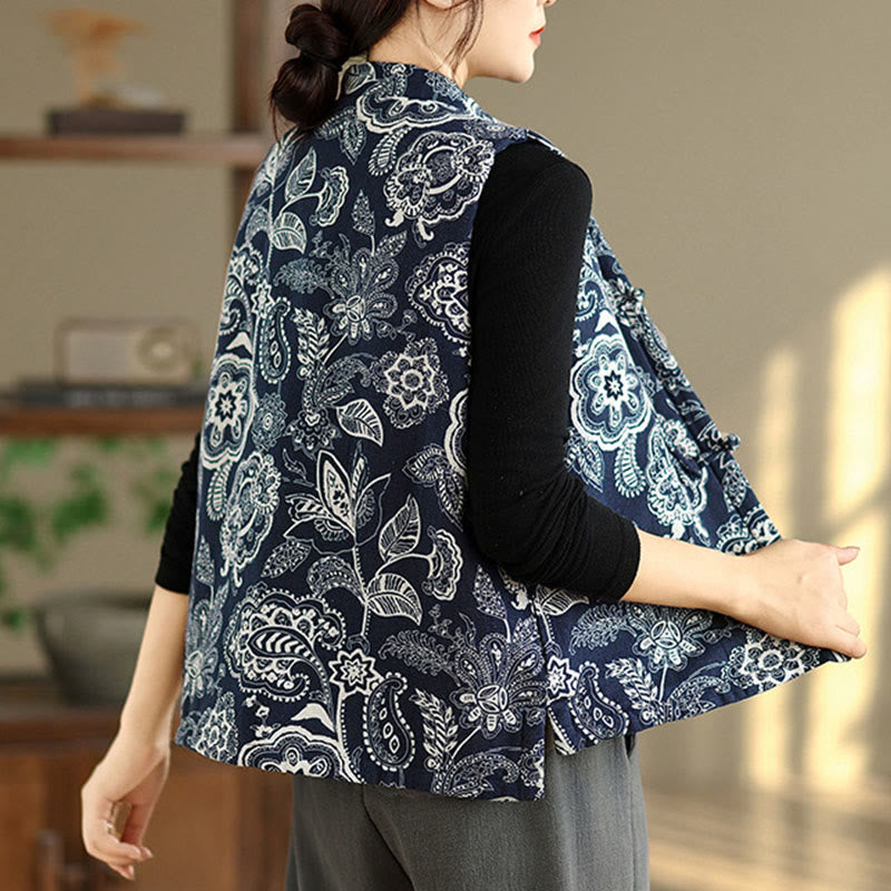 Buddha Stones Plant Pattern Frog-button Women's Sleeveless Cotton Vest Waistcoat With Pockets - image 4