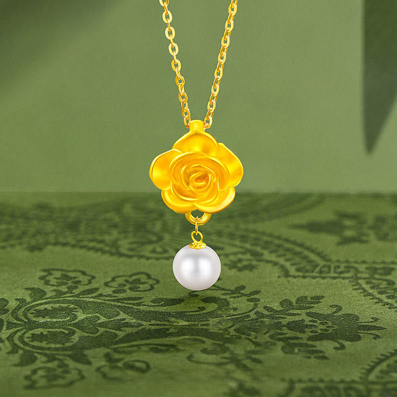 Buddha Stones 999 Sterling Silver Plated Gold Camellia Pearl Healing Necklace Pendant - image 2