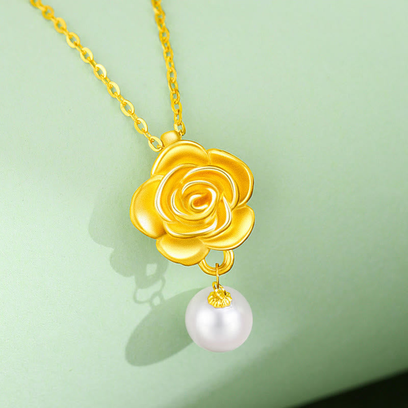 Buddha Stones 999 Sterling Silver Plated Gold Camellia Pearl Healing Necklace Pendant - image 3