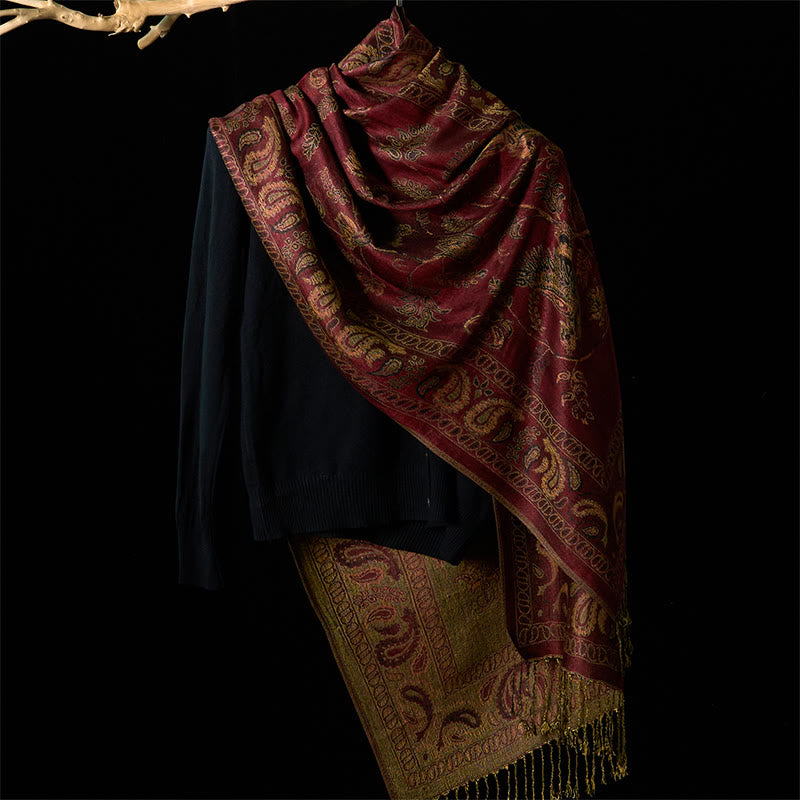 Buddha Stones Spring Maroon Cashew Flower Floral Leaf Pattern Tassel Soft Scarf Shawl - image 1