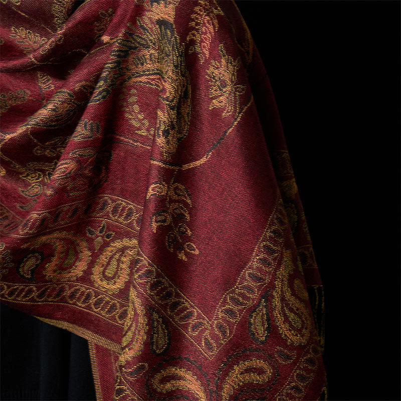 Buddha Stones Spring Maroon Cashew Flower Floral Leaf Pattern Tassel Soft Scarf Shawl - image 4